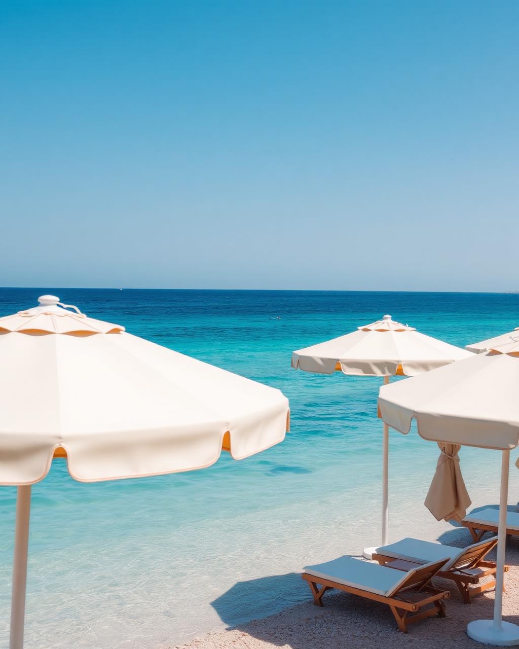Cream parasols and sun loungers beside clear turquoise water