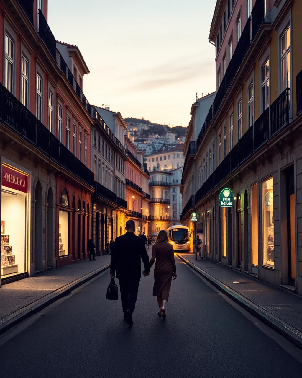A couple walking a lamplit European city street at dusk