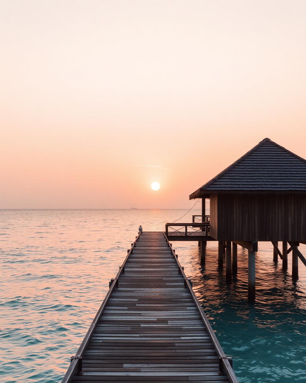 A wooden jetty leading to an over-water villa at sunrise