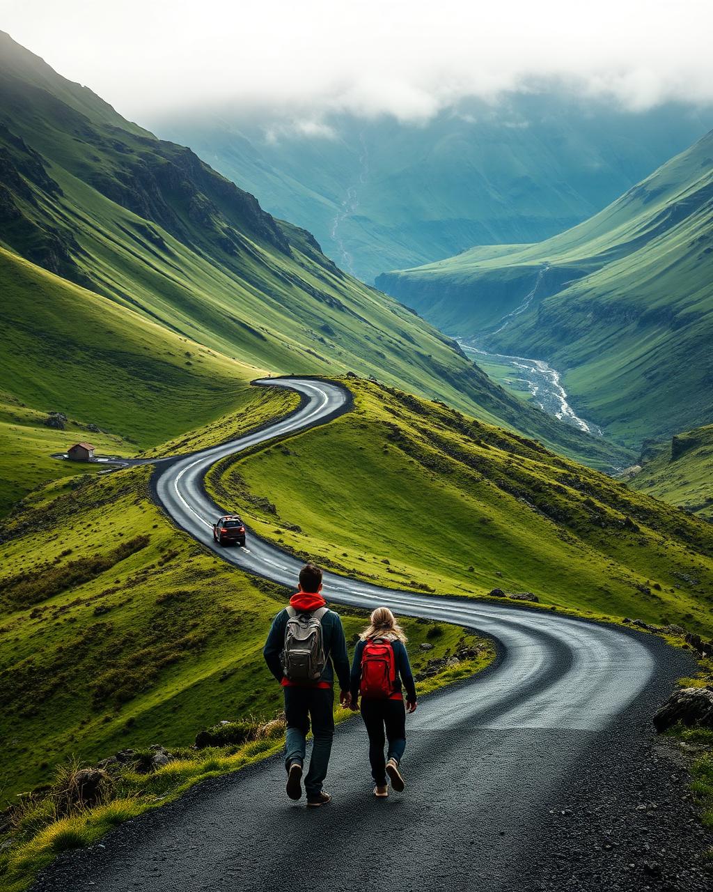 Two walkers on a winding road through green mountain scenery