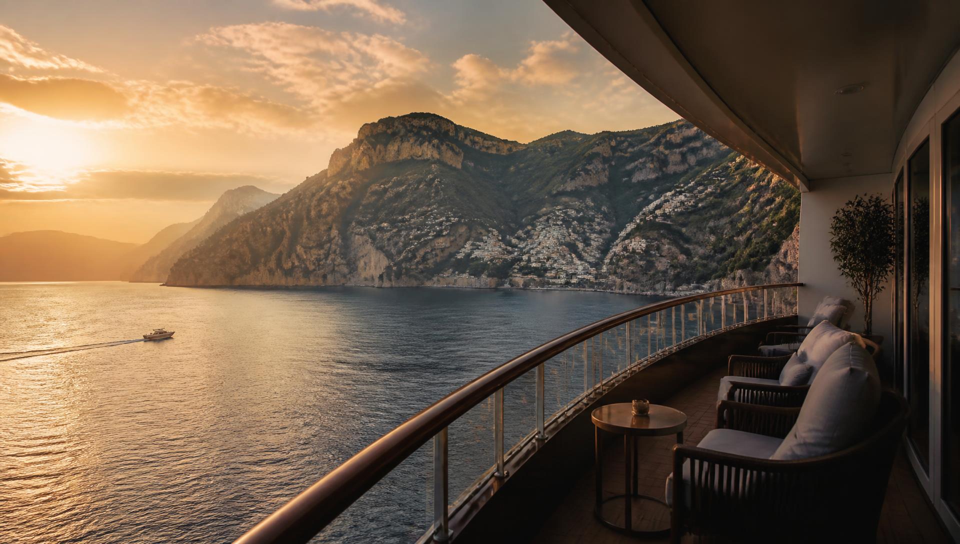 View from a ship's balcony towards a Mediterranean coastline at golden hour