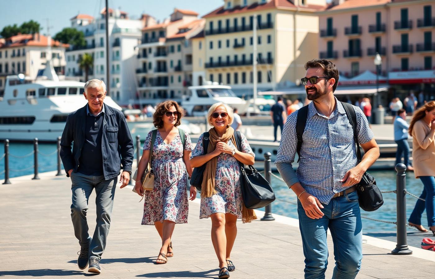 Travellers of different ages walking along a sunny European harbour promenade
